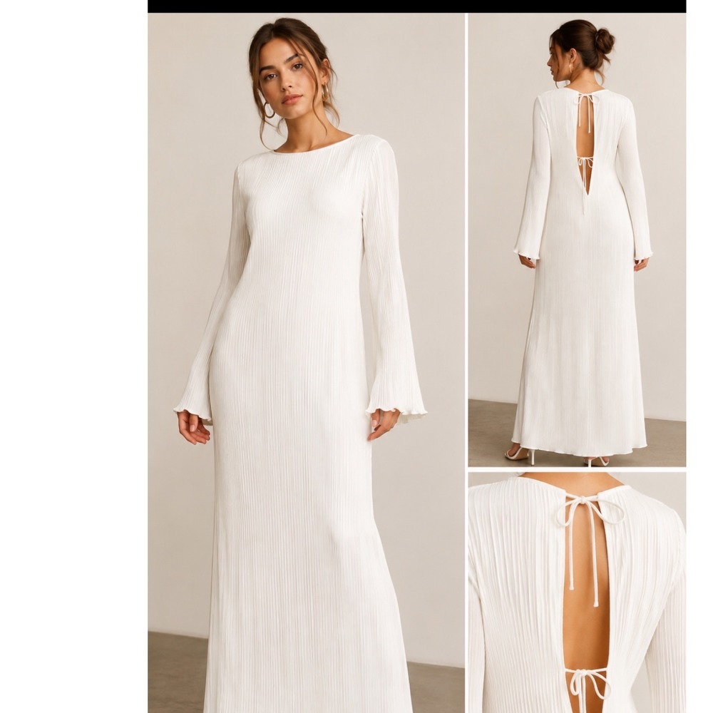 Rue Stiic White Pleated Long Sleeve Open Back Maxi Dress XS Plisse Wedding Event